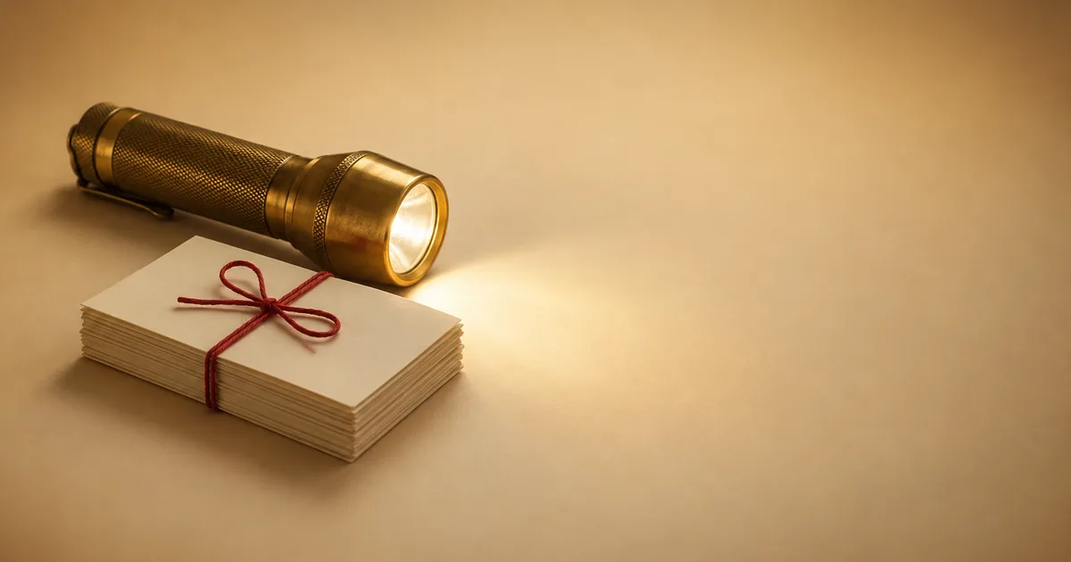 A brass flashlight shining on a stack of cream cards tied with red thread — a Shine the Light records request