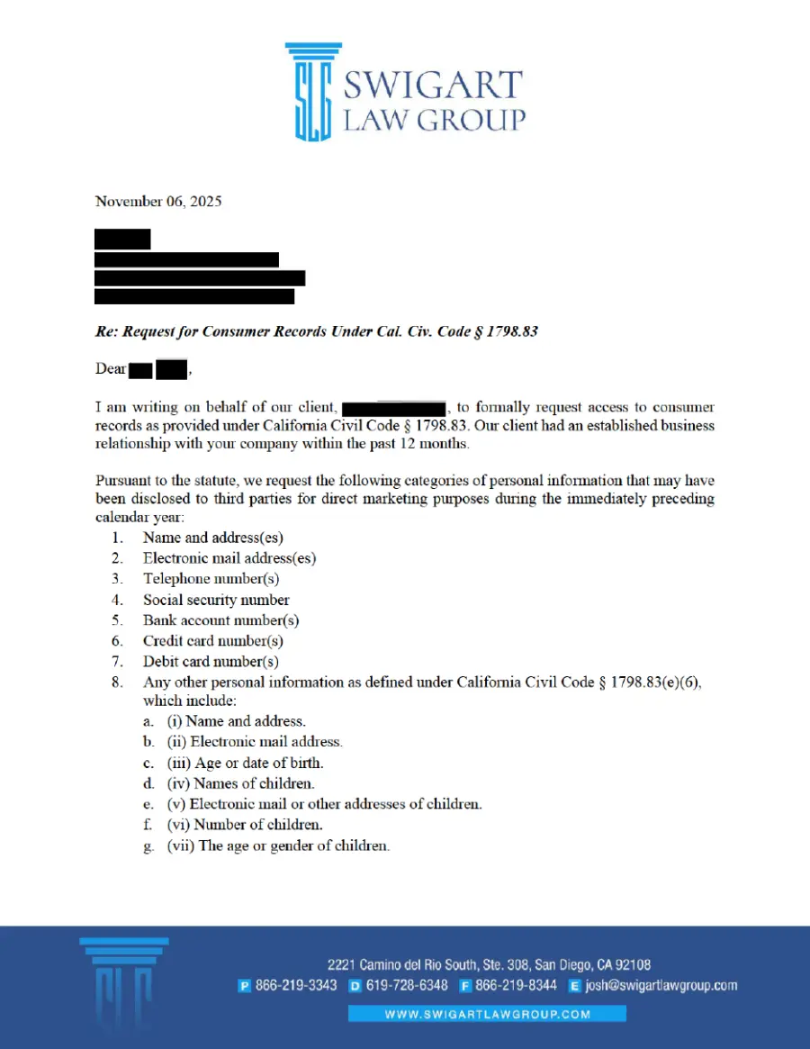 Page one of a redacted Swigart Law Group letter titled Request for Consumer Records Under Cal. Civ. Code § 1798.83