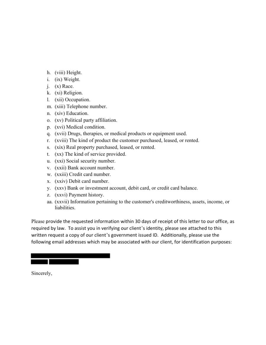 Page two of the redacted letter, continuing the list of 27 personal information categories and setting a 30-day deadline