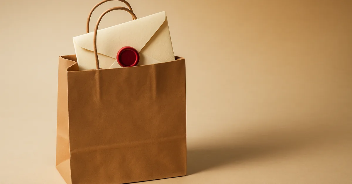 A sealed policy document tucked into a shopping bag — adding a privacy policy to your Shopify store.