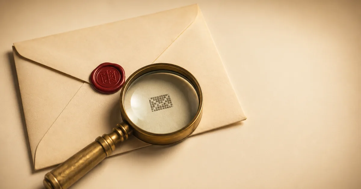 A brass magnifying glass over a vintage envelope revealing a hidden pixel grid — email tracking and payment data collection
