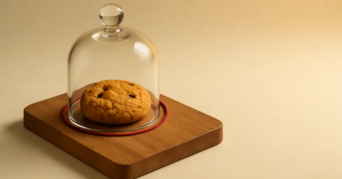 A lone cookie under a glass cloche — strictly necessary cookies, the consent exemption.