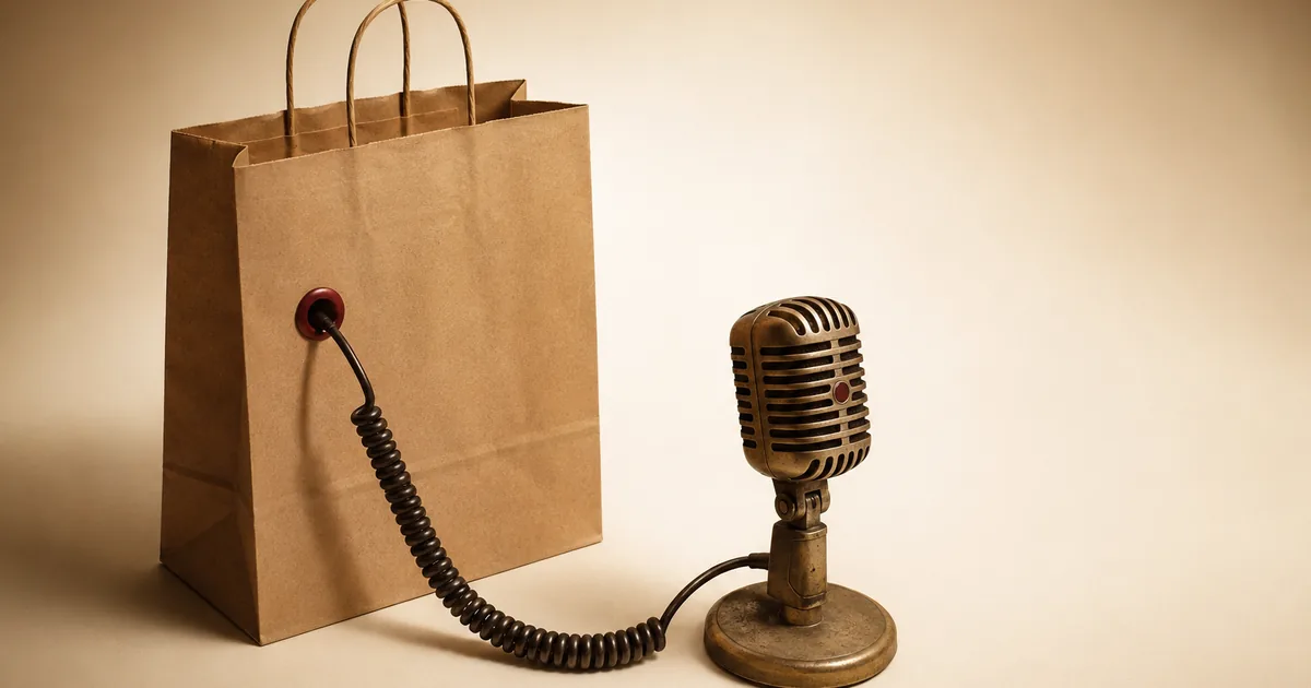 A kraft shopping bag wired to a vintage microphone — covert website tracking under California's wiretapping law