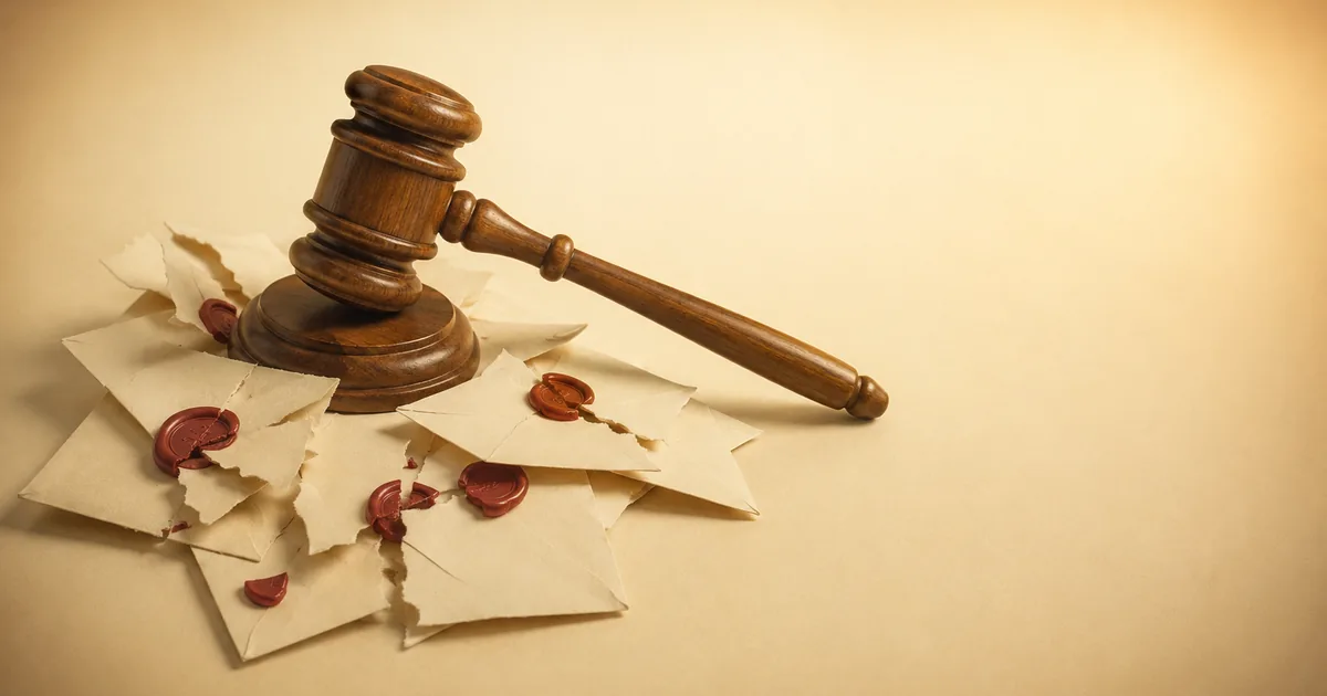 A raised wooden gavel over torn envelopes with broken wax seals — court action against demand-letter mills