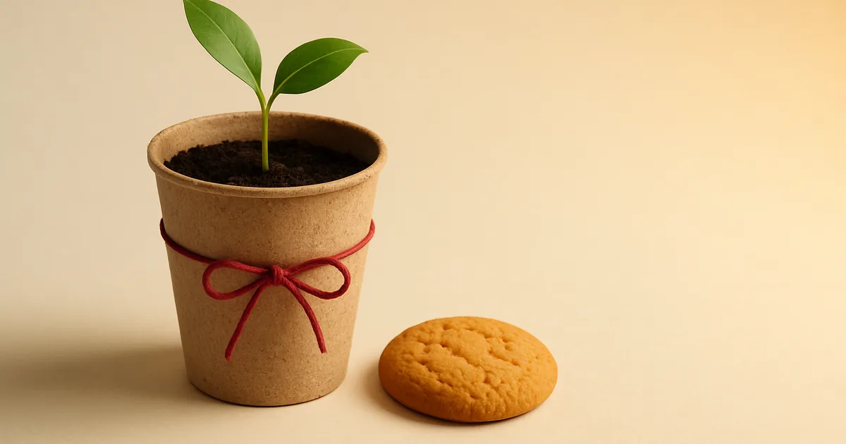 A sprout in a kraft pot beside a cookie — compliance that grows the business.