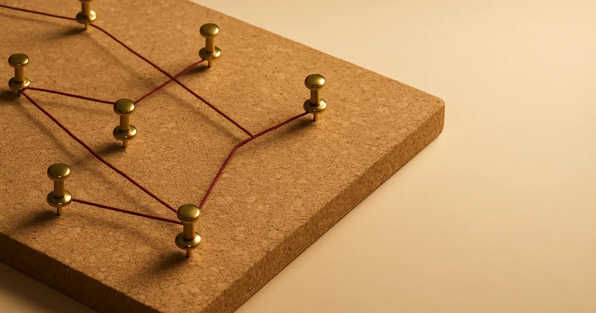 Pins joined by a red thread on corkboard — the big data mapping techniques.