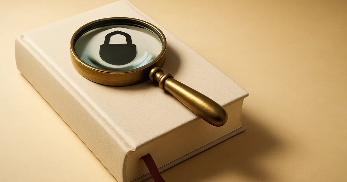 A magnifier on a ribboned book — the director's guide to privacy.