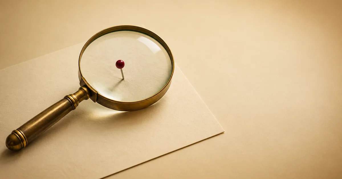 A brass magnifying glass over a single red pin on cream paper — a demand letter built on one TikTok pixel