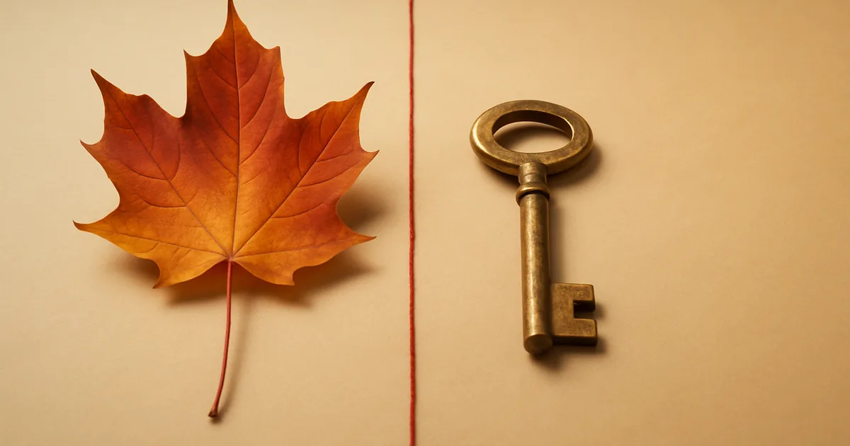 A maple leaf and a key divided by a thread — CCPA and PIPEDA differences.