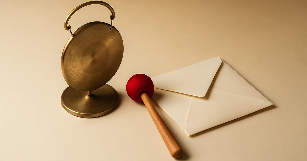 A gong and mallet beside a sealed envelope — GDPR's notification duties.