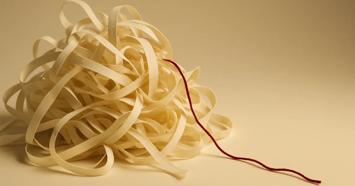 A tangle of paper strips threaded in red — taming unstructured data under GDPR.