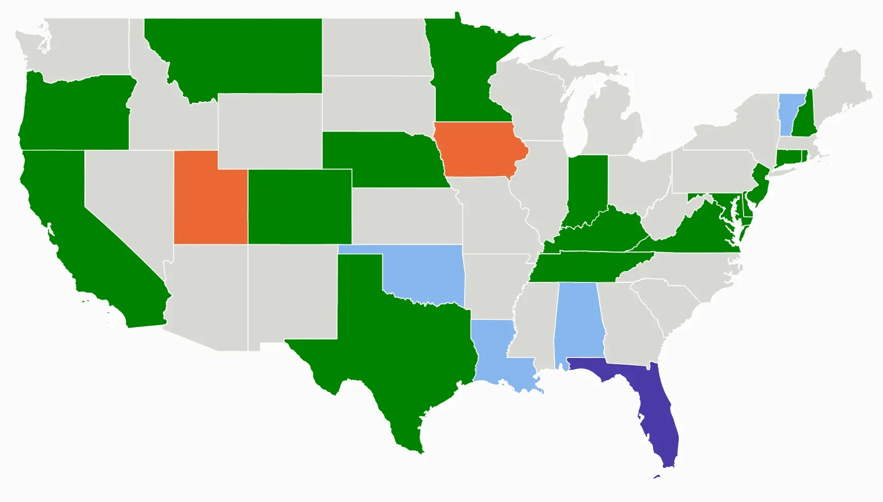 US map showing which states grant broad privacy rights versus narrow rights like Utah and Iowa.