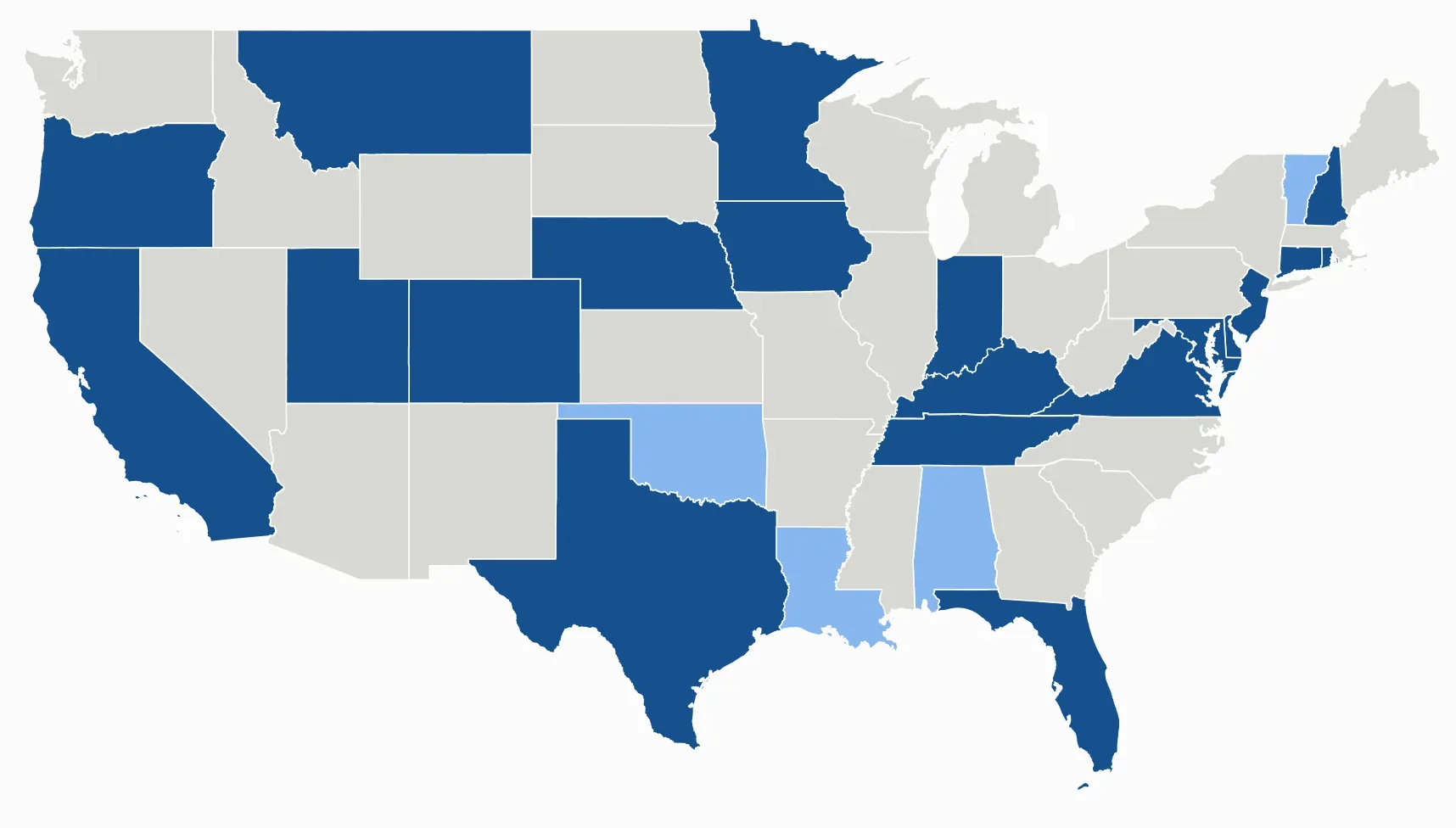 US map showing 20 states with comprehensive privacy laws in effect and 4 more enacted but not yet effective as of 2026.