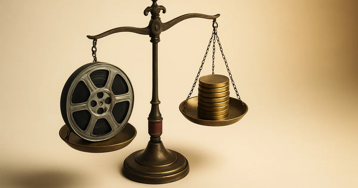 A film reel weighed against coins — the real exposure in VPPA damages.